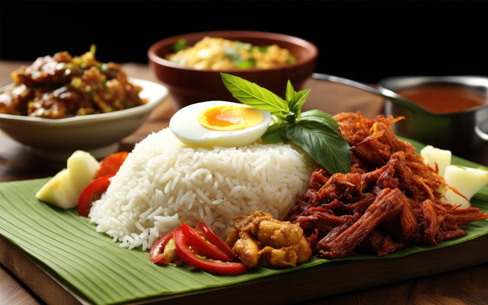 a plate of nasi lemak with half boiled egg, sambal and side dishes